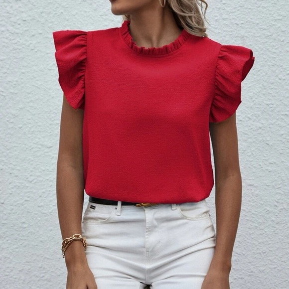 Red butterfly sleeve ruffle blouse - Picture 6 of 6